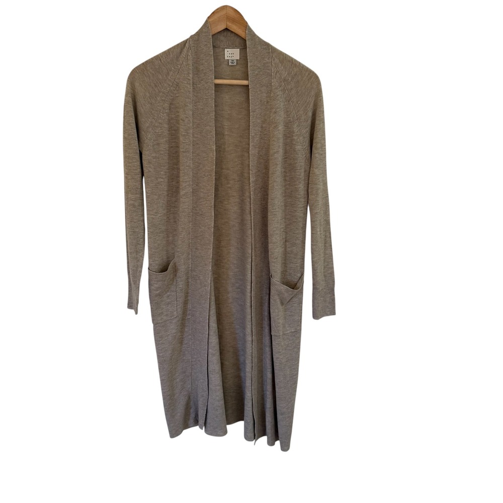 A New Day Longline Open Front‎ Cardigan Sweater Beige XS Women Knit Pockets